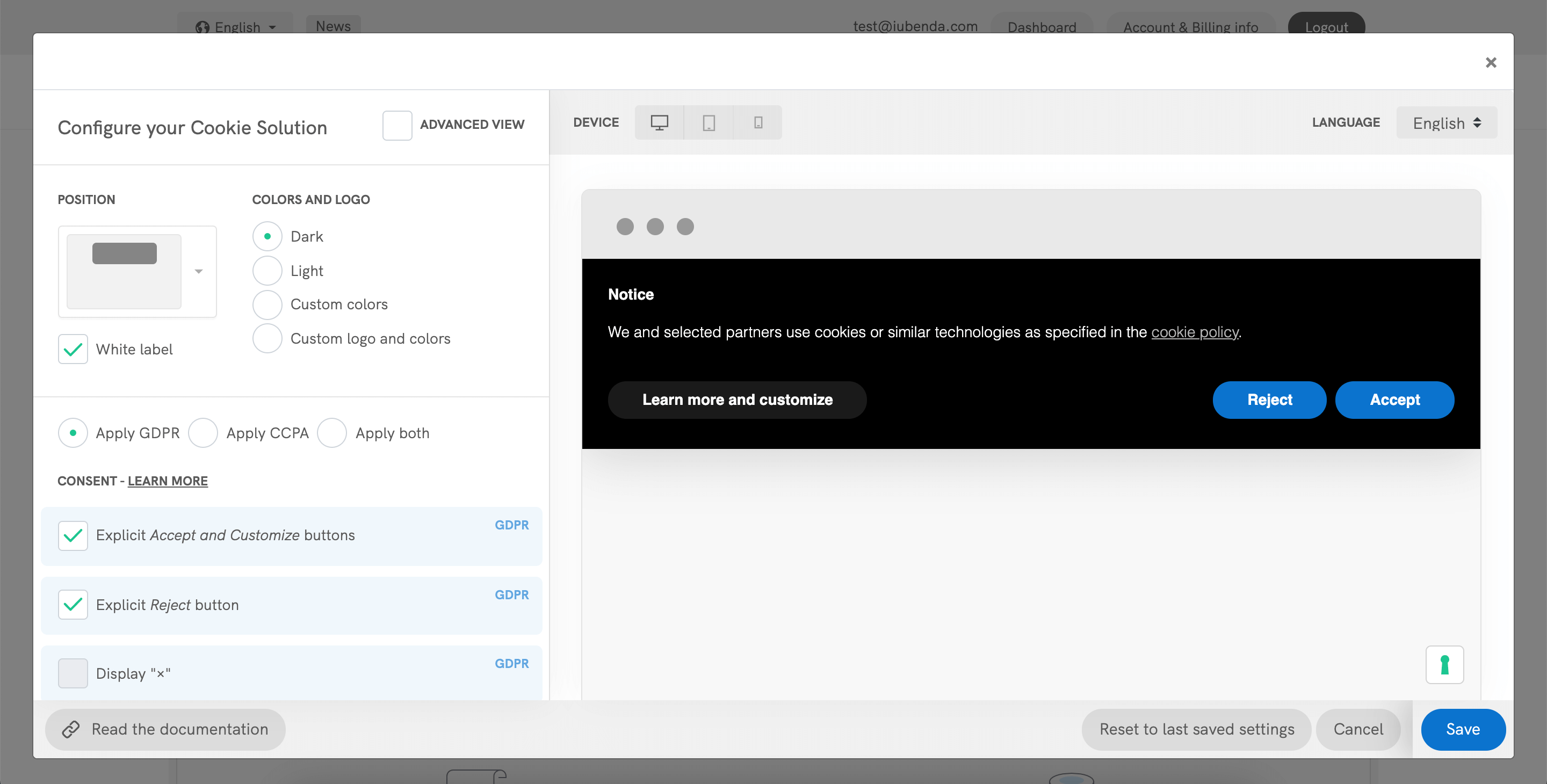 iubenda Cookie Solution configurator screen opt-in consent