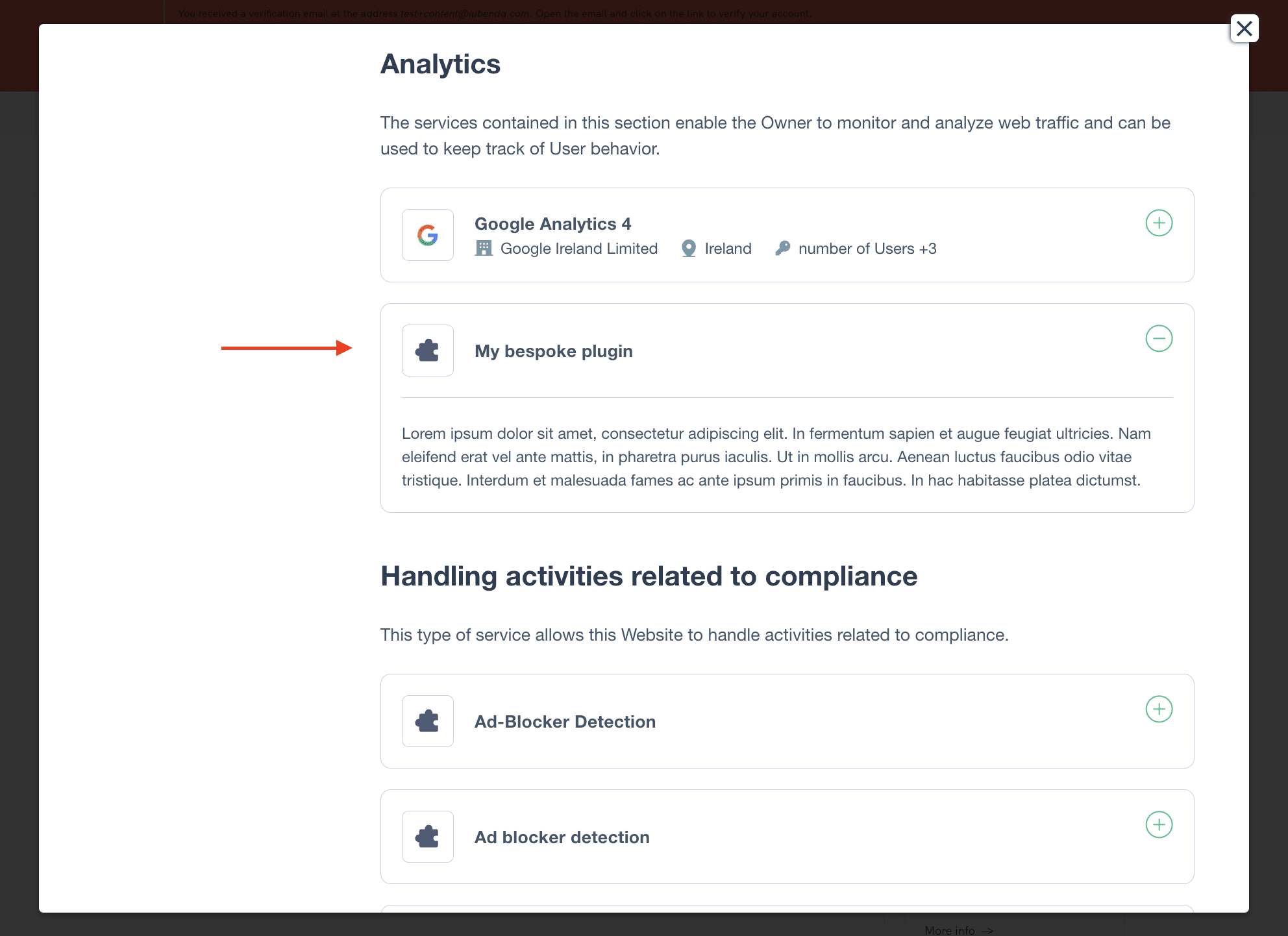 Custom clause added to a purpose category in main privacy policy