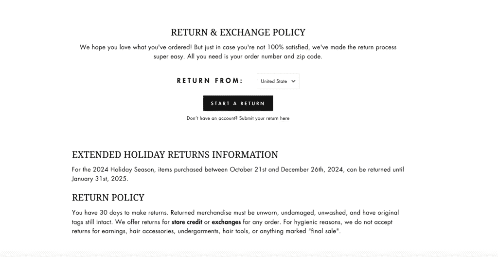 boutique return policy example