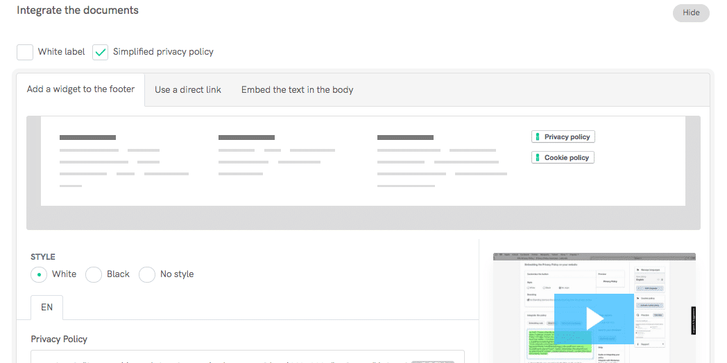 Integration options for the Privacy and Cookie Policy